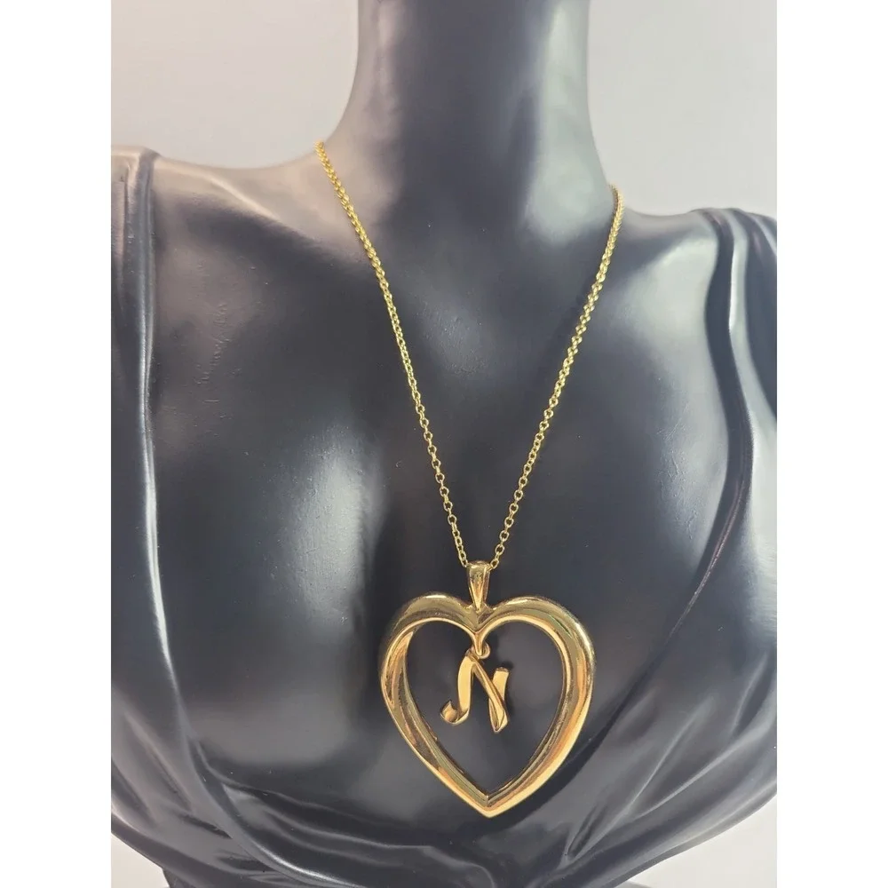 Avon Gold Tone Heart Initial N Pendant Necklace Open Heart Monogram Letter N Cha